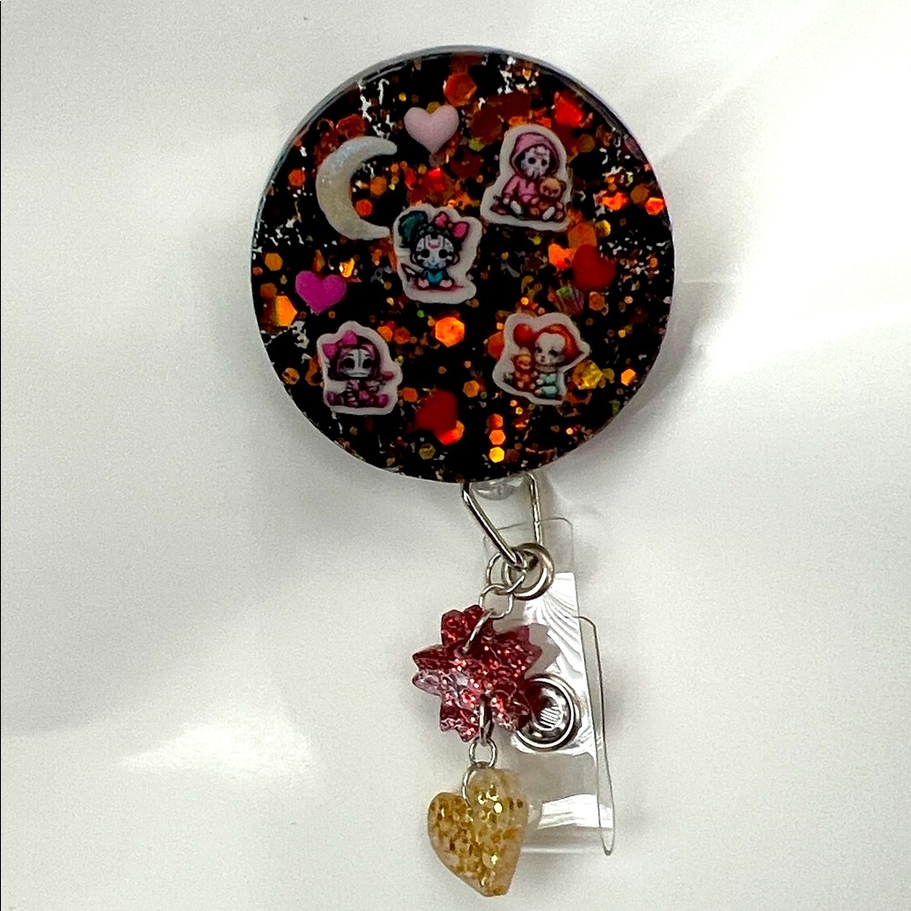 New Horror Halloween Glittery Badge Reel with Charms